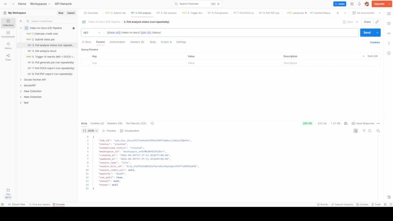 Postman showing poll status with status "started" and result null