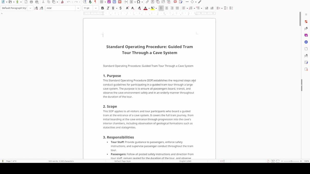 Generated SOP document with purpose, scope, and responsibilities sections
