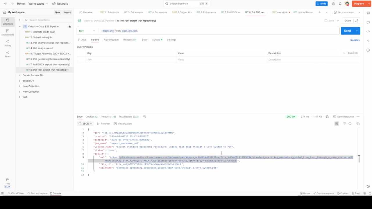 Completed PDF export with download URL