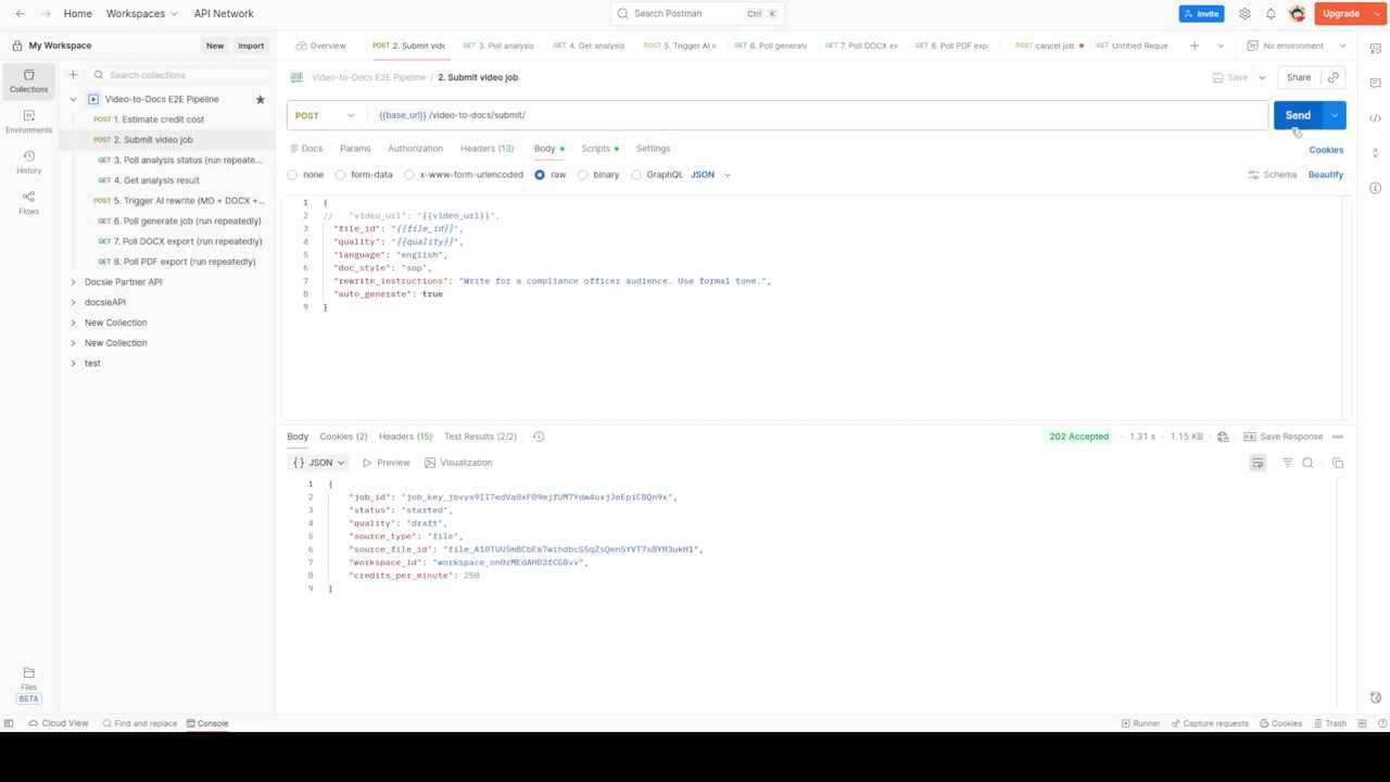 Postman workspace showing the submit video job request with JSON body and 202 response