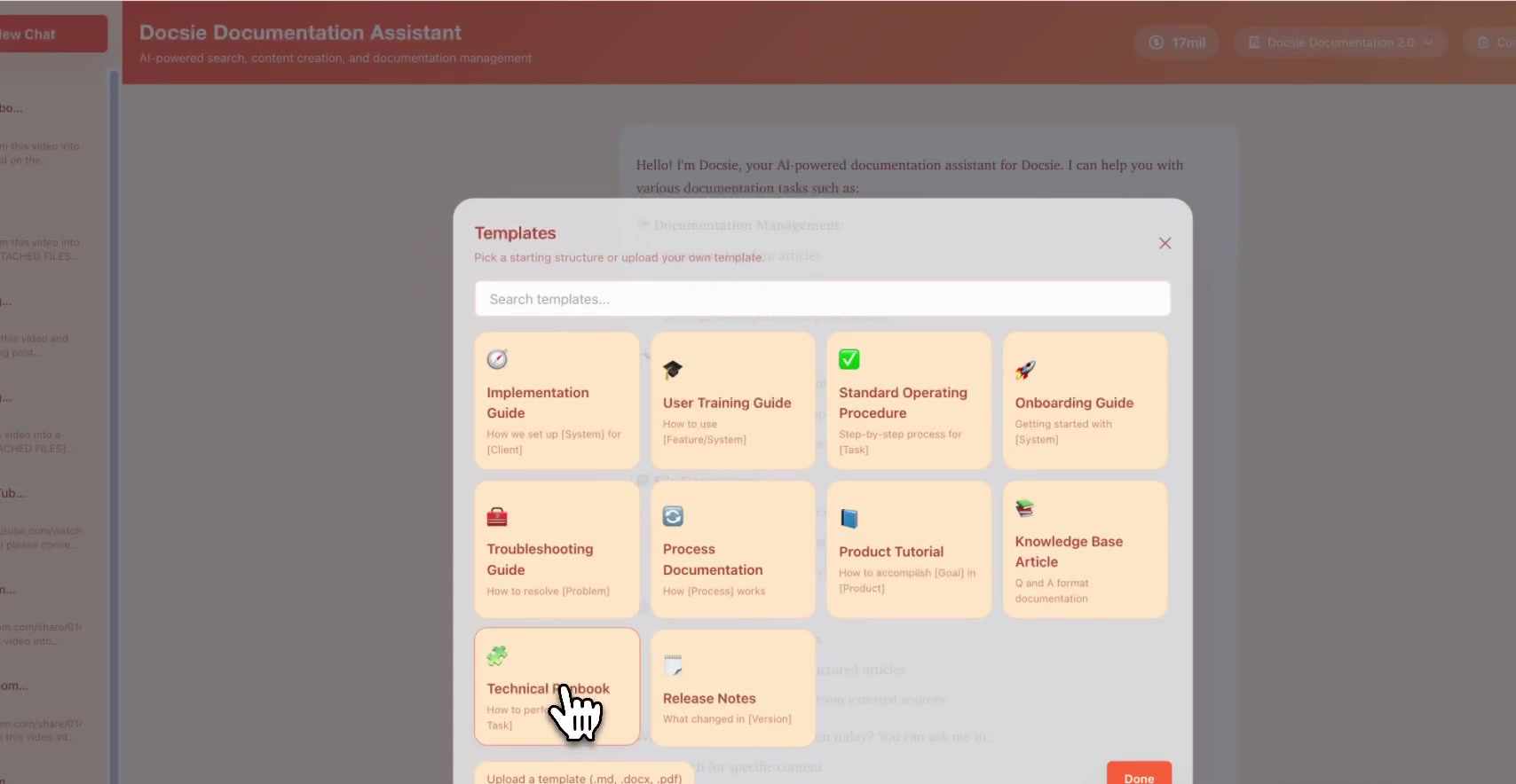 Templates selection dialog