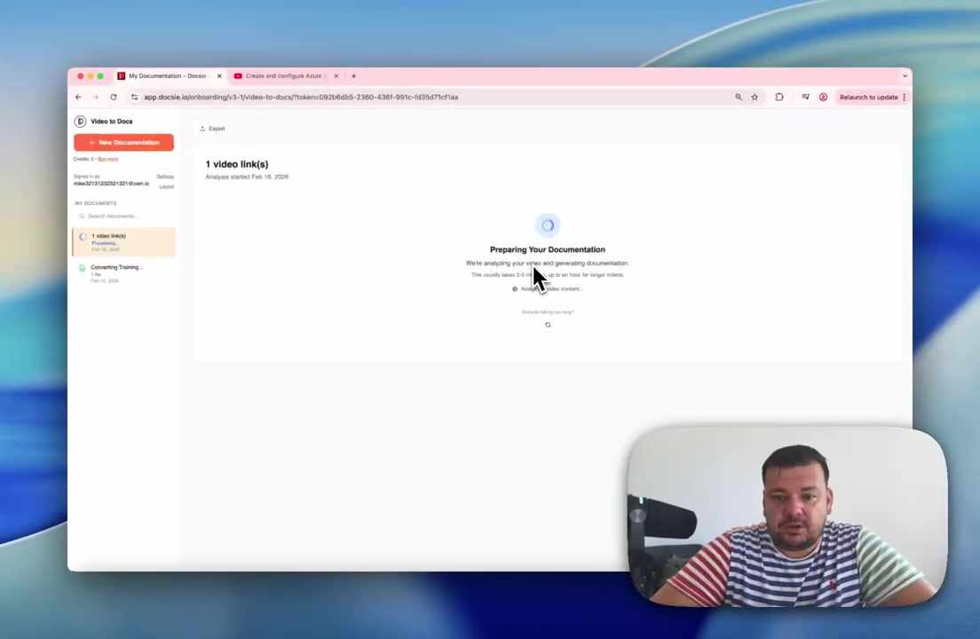 Processing screen showing documentation generation progress