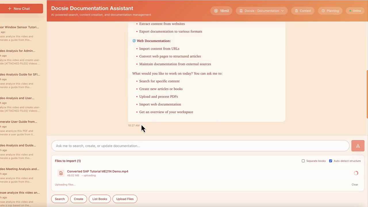 Uploading and selecting the SAP tutorial video in Docsie