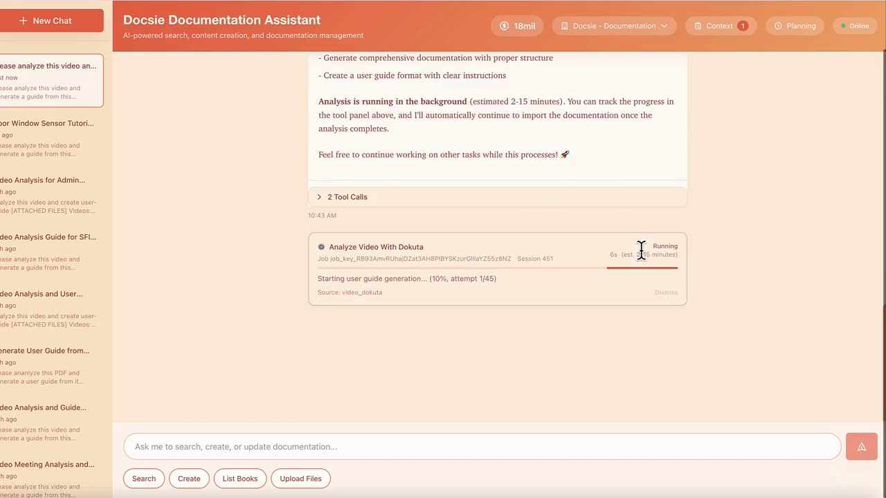 Tracking video analysis progress and parameters in Docsie