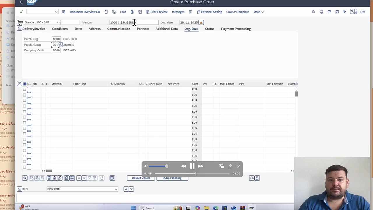 SAP Create Purchase Order screen with data entry fields